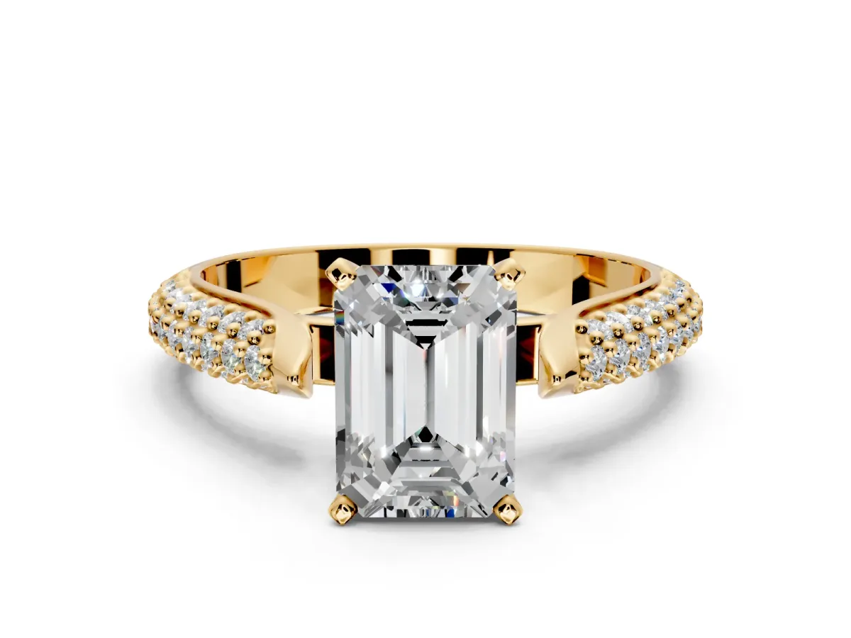 Solitaire Engagement Ring Setting for Emerald Cut Center with Multi-Row Accents and Prong Head in Yellow Gold