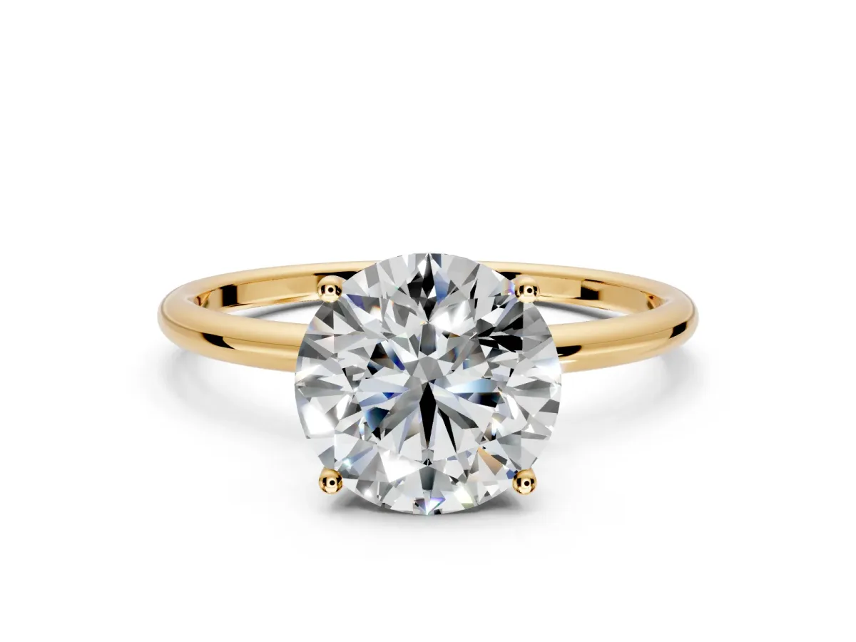 Solitaire Engagement Ring Setting for Round Cut Center with Straight Thin Band and Prong Head in Yellow Gold