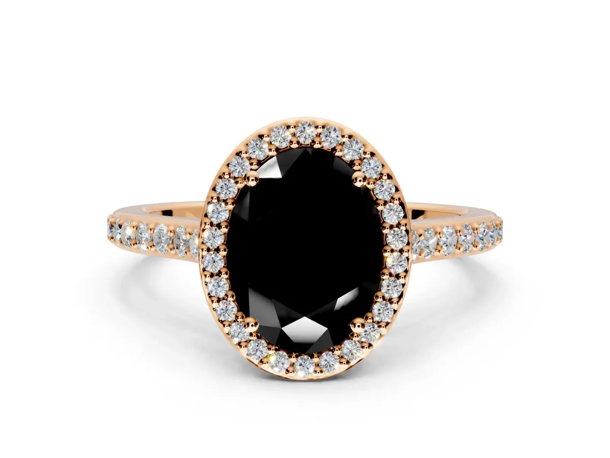 Halo Engagement Ring Setting for Fancy Black Oval Center with Pave Accents, Heart Basket and Prong Head in Rose Gold