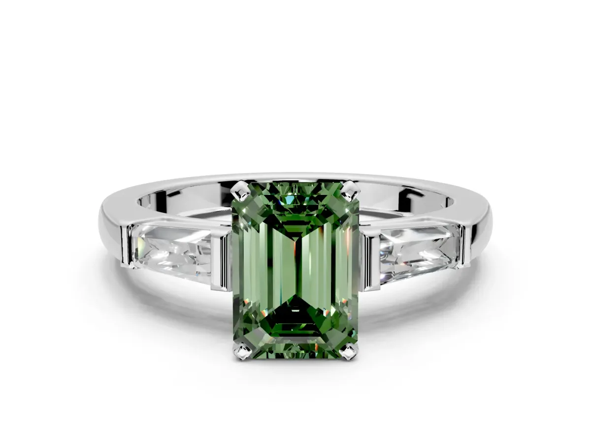 3 Stone Engagement Ring Setting for Fancy Green Emerald Cut Center with Tapered Baguettes, Plain Band and Prong Head in Platinum