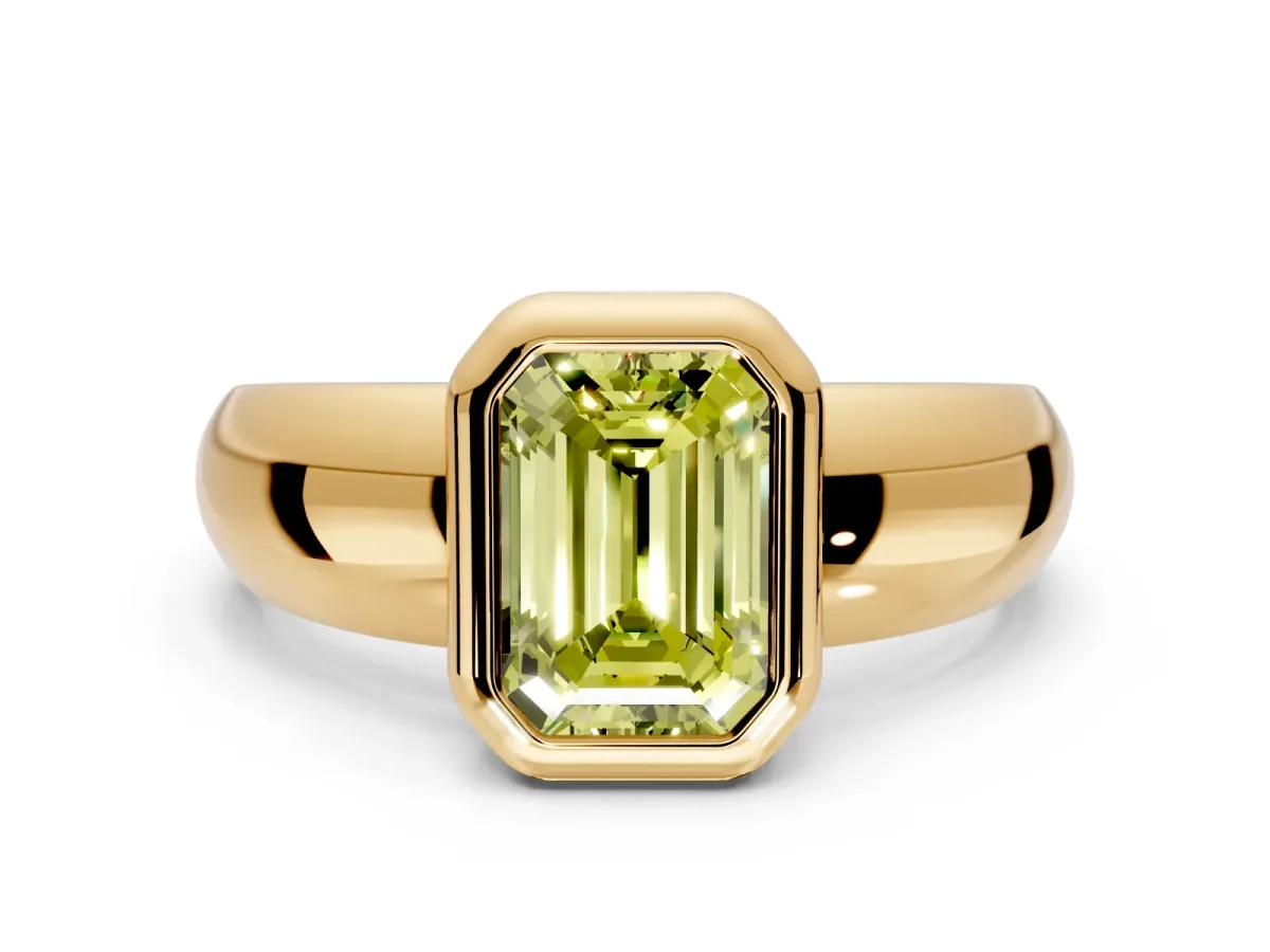 Solitaire Engagement Ring Setting for Fancy Yellow Emerald Cut Center with Wide Band and Bezel Head in Yellow Gold