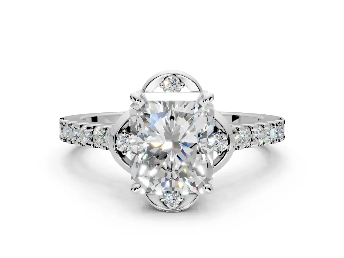 Floral Engagement Ring Setting for Radiant Cut Center with Pave Band and Floral Prong Head in Platinum