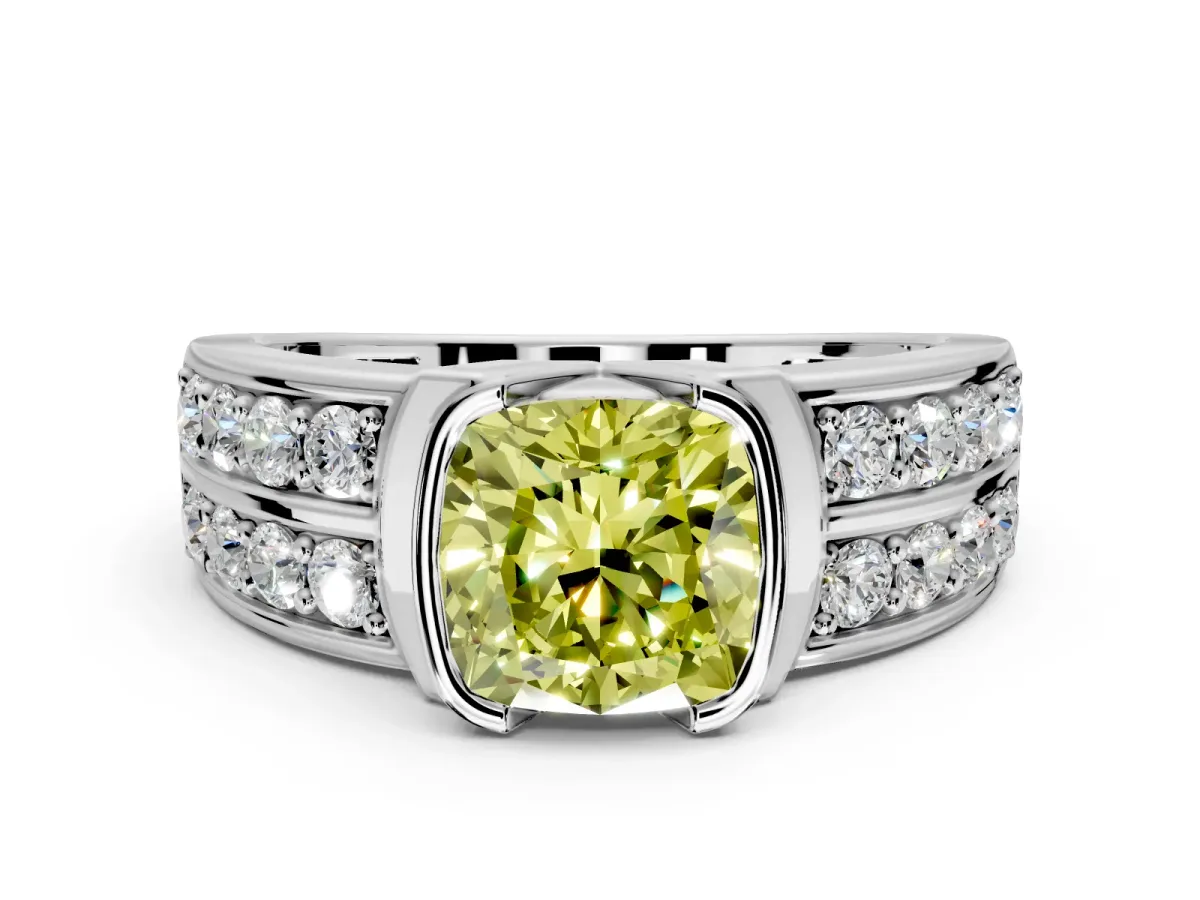 Bezel Engagement Ring Setting for Fancy Yellow Cushion Cut Center with Wide Channel-Set Band and Bezel Head in Platinum