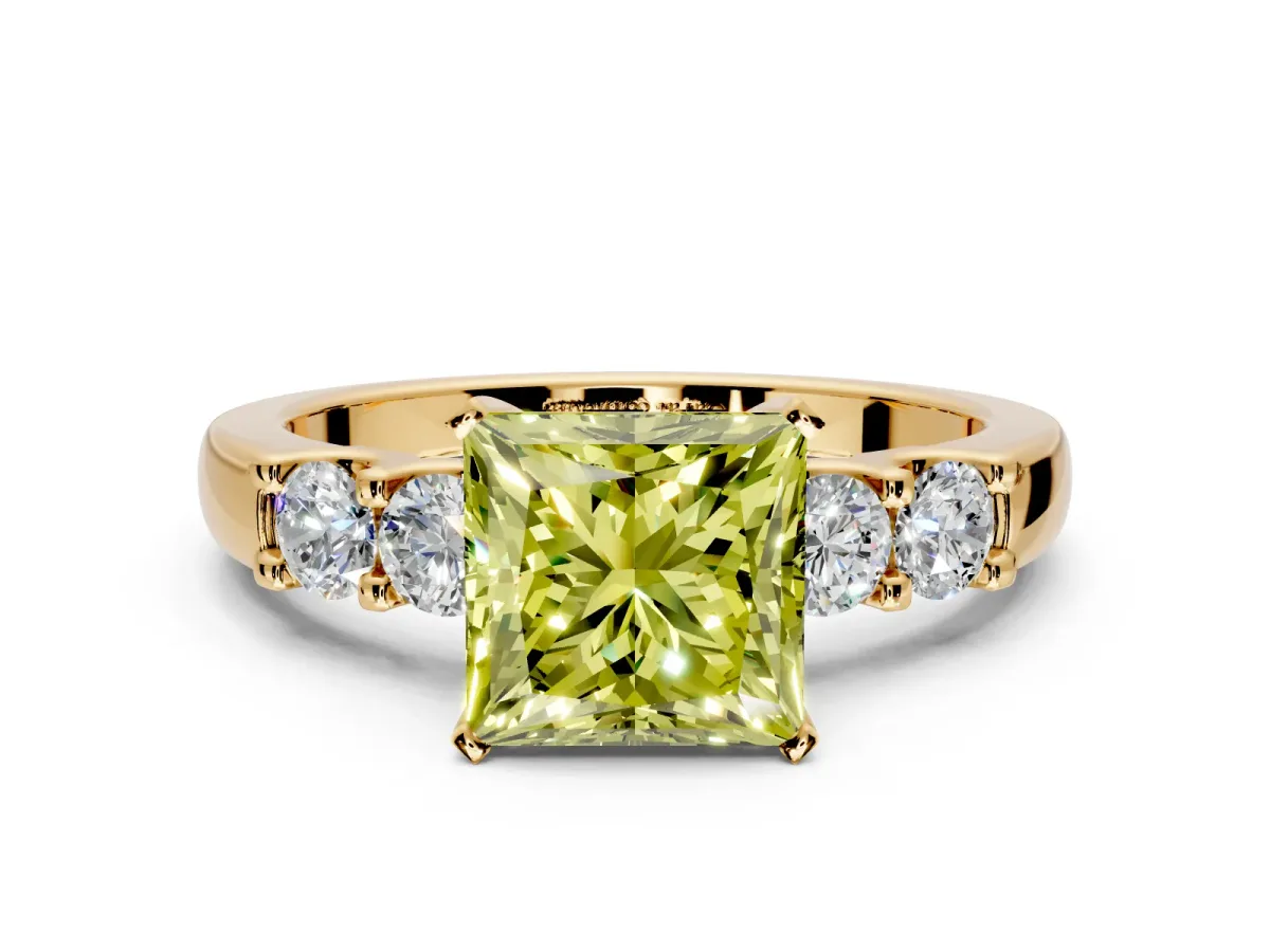 5 Stone Engagement Ring Setting for Fancy Yellow Princess Cut Center with Plain Band and Prong Head in Yellow Gold
