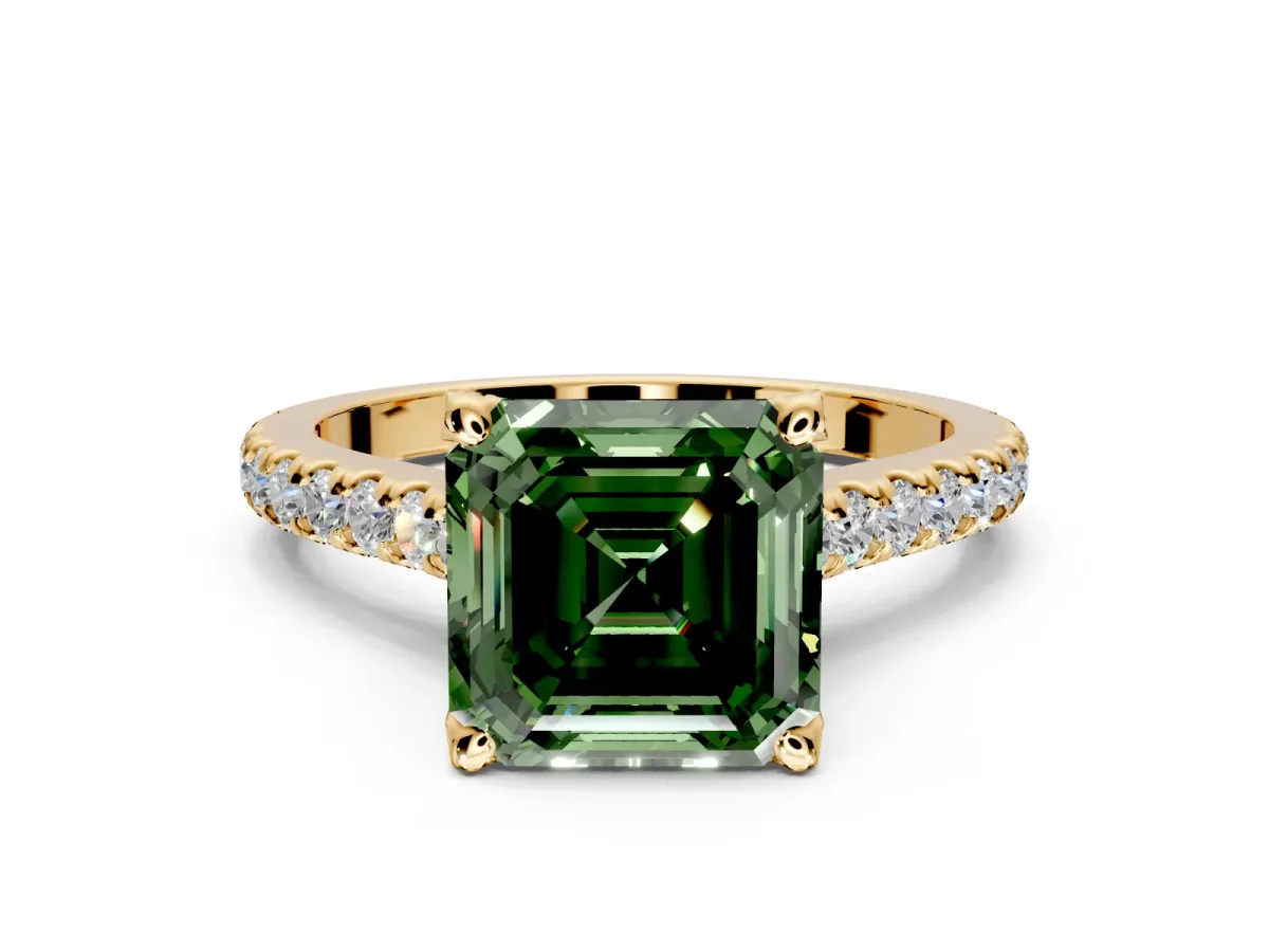 Solitaire Engagement Ring Setting for Fancy Green Asscher Cut Center with Widening Pave Band and Claw Prong Head in Yellow Gold