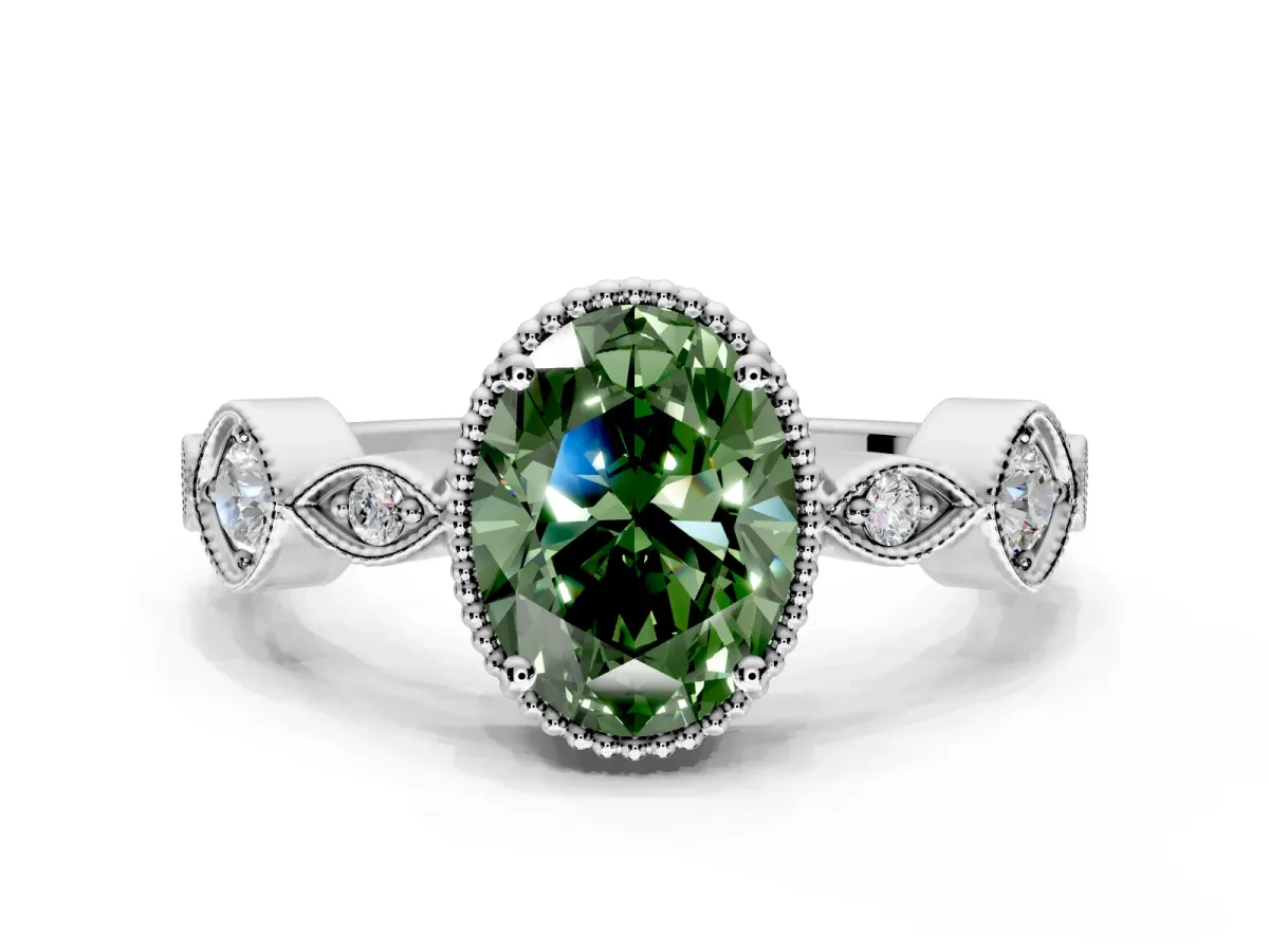 Vintage Station Engagement Ring Setting for Fancy Green Oval Center with Accents and Prong Head in White Gold