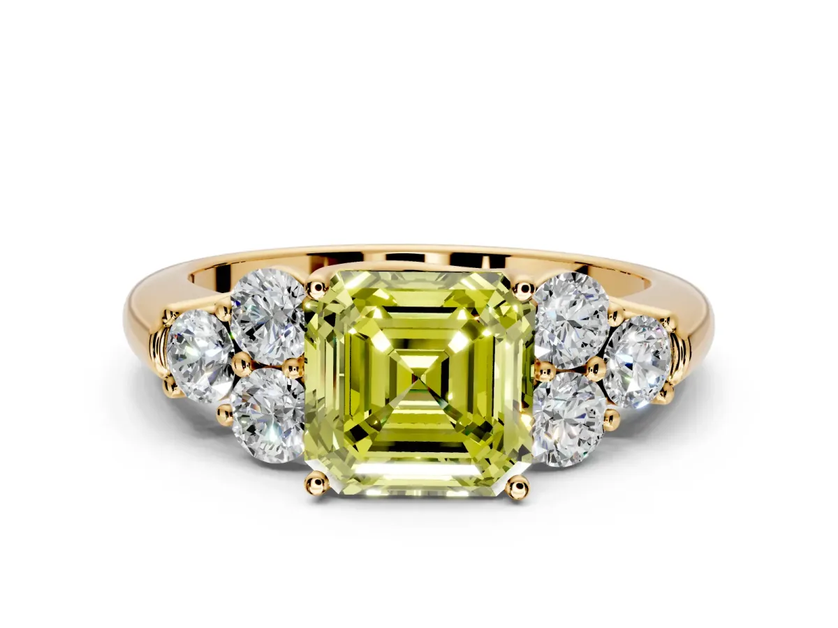 Cluster Engagement Ring Setting for Fancy Yellow Asscher Cut Center with Round Cut Accent Frame and Prong Head in Yellow Gold