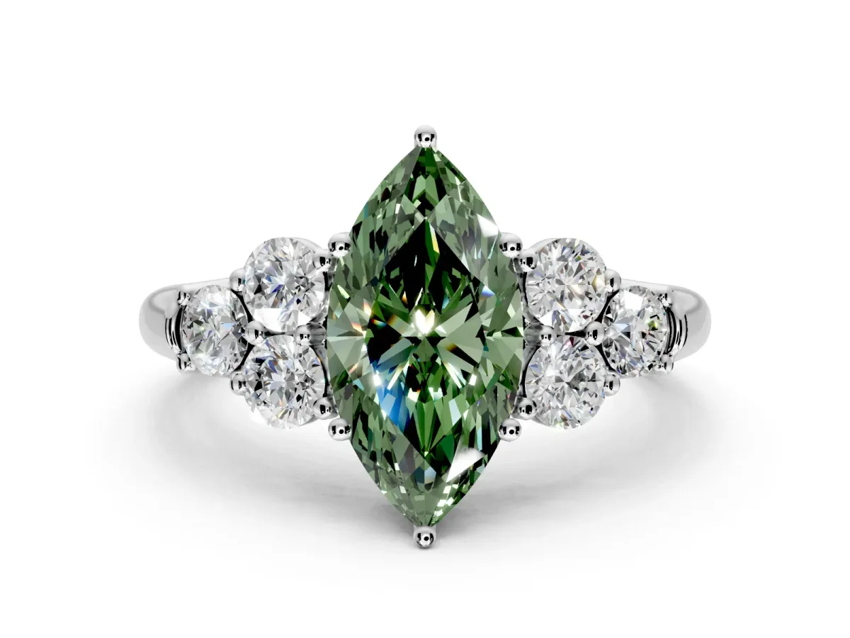 Cluster Engagement Ring Setting for Fancy Green Marquise Center with Round Cut Accent Frame and Prong Head in Platinum