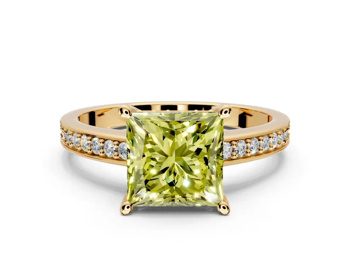 Solitaire Engagement Ring Setting for Fancy Yellow Princess Cut Center with Channel-Set Accent Band and Prong Head in Yellow Gold