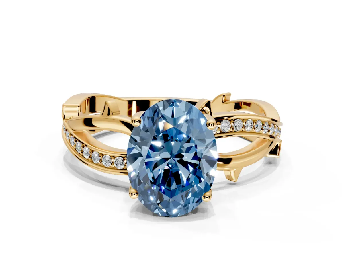 Solitaire Engagement Ring Setting for Fancy Blue Oval Center with Pave and Plain Crossover Band and Prong Head in Yellow Gold