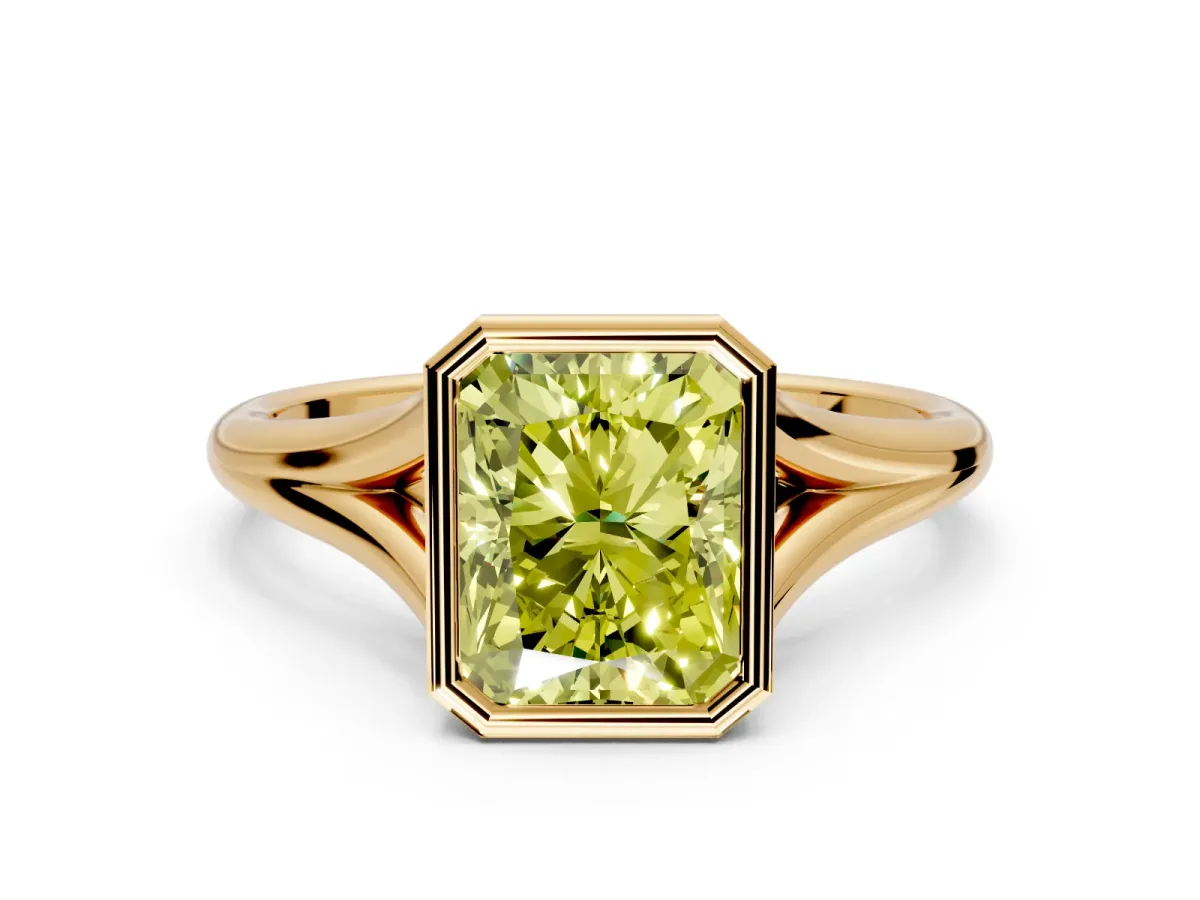 Solitaire Engagement Ring Setting for Fancy Yellow Radiant Cut Center with V Split Shank and Bezel Head in Yellow Gold