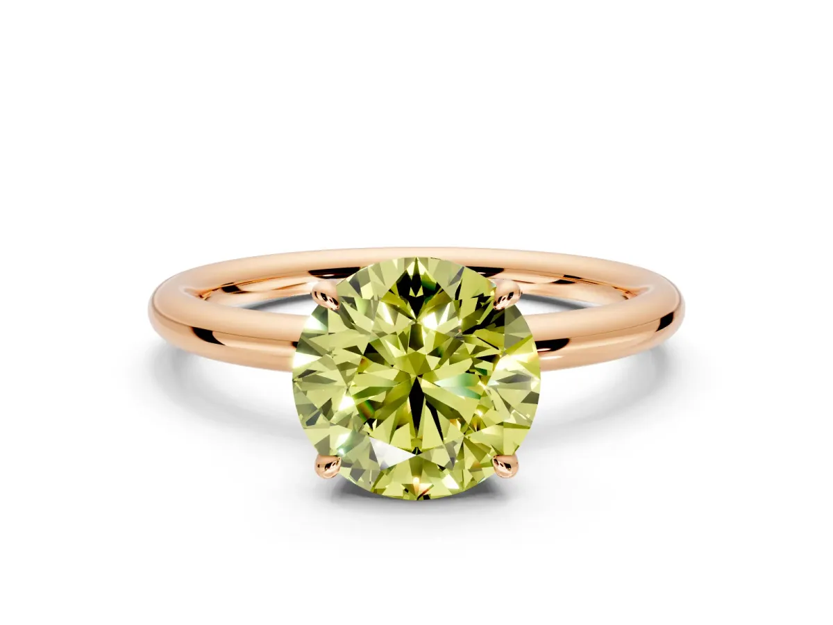 Hidden Halo Engagement Ring Setting for Fancy Yellow Round Cut Center with Thin Rounded Band and Prong Head in Rose Gold