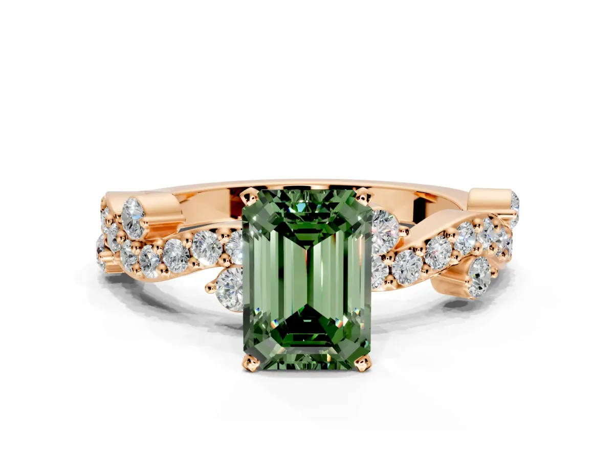 Solitaire Engagement Ring Setting for Fancy Green Emerald Cut Center with Bar-Station Pave Twist and Prong Head in Rose Gold
