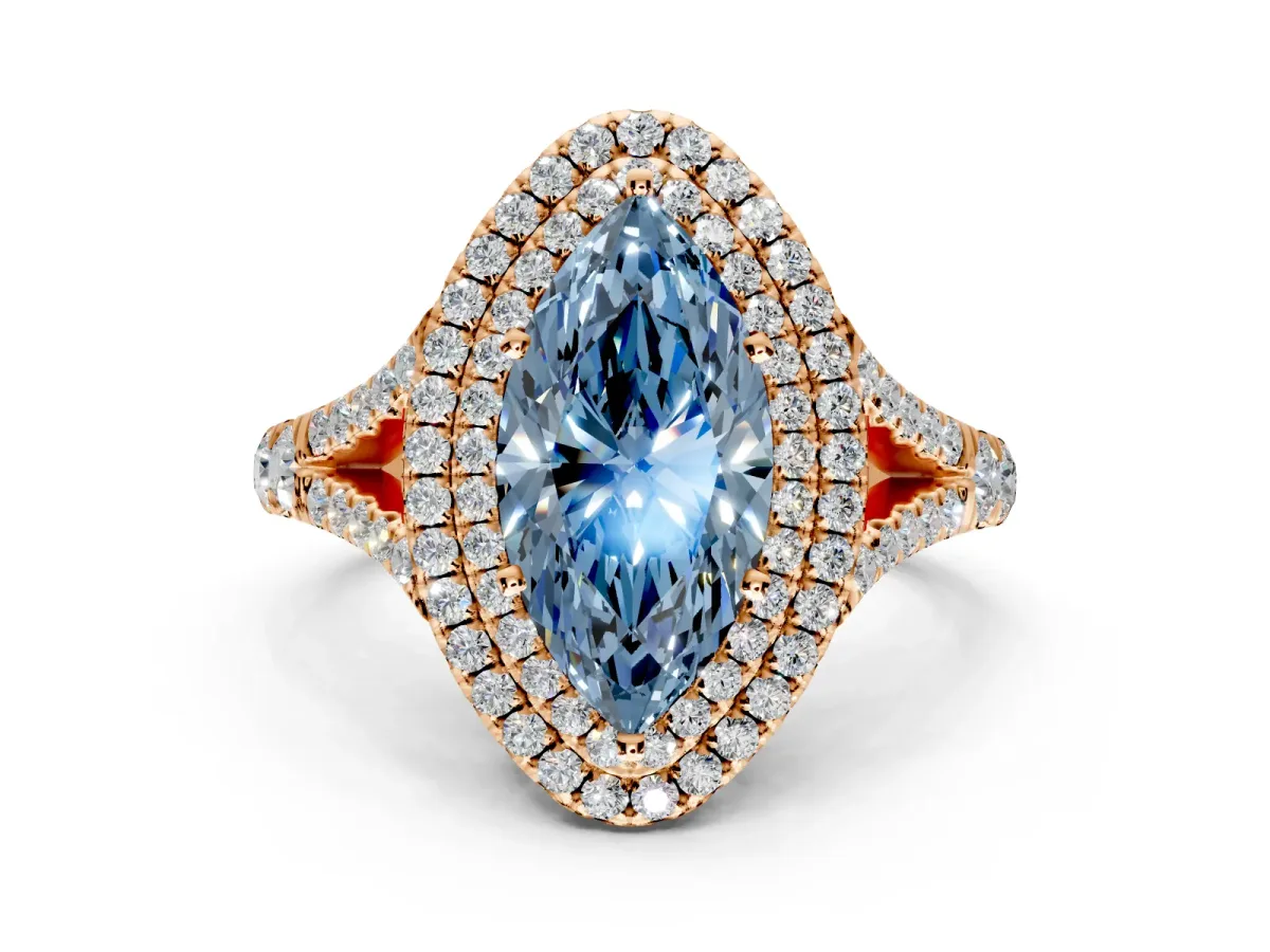 Double Halo Engagement Ring Setting for Fancy Blue Marquise Center with Narrow Pave Split Shank and Prong Head in Rose Gold