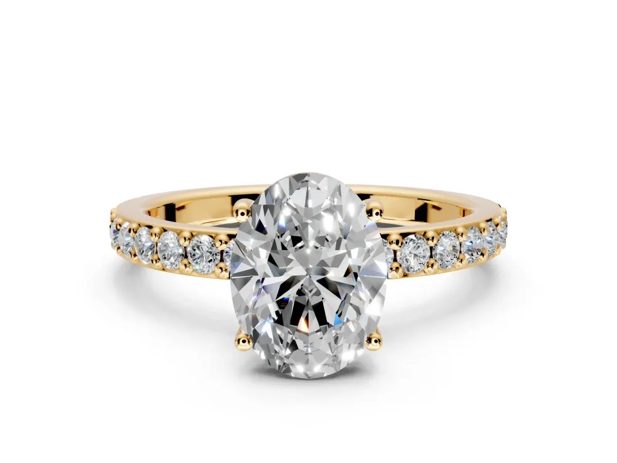 Solitaire Engagement Ring Setting for Oval Center with Round Cut Pave Band and Prong Head in Yellow Gold