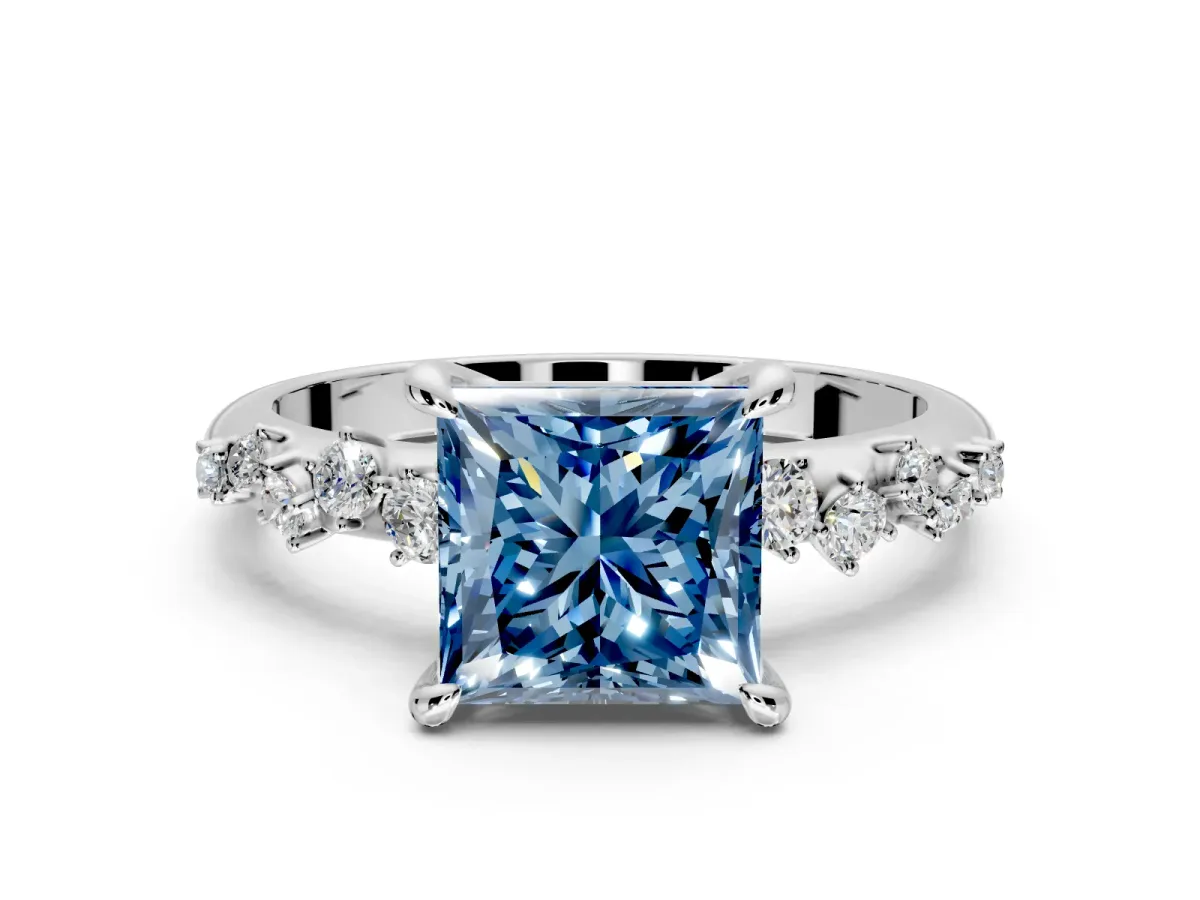 Solitaire Engagement Ring Setting for Fancy Blue Princess Cut Center with Trailing Leaf Accent Band and Prong Head in Platinum