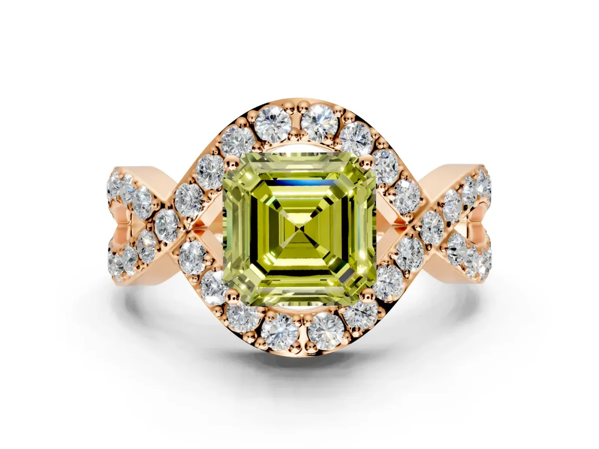 Halo Engagement Ring Setting for Fancy Yellow Asscher Cut Center with Pave Infinity Twist Band and Prong Head in Rose Gold