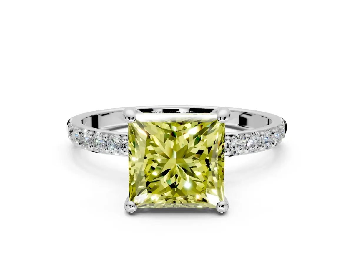 Solitaire Engagement Ring Setting for Fancy Yellow Princess Cut Center with Pave Accents and Prong Head in Platinum