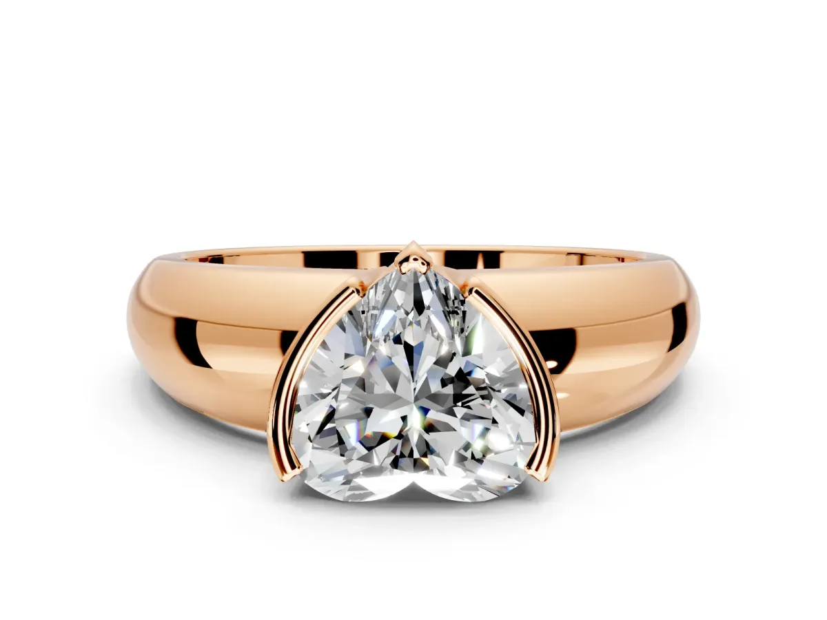 Tension Engagement Ring Setting for Heart-Shaped Center with Wide Flat Band and Tension Head in Rose Gold