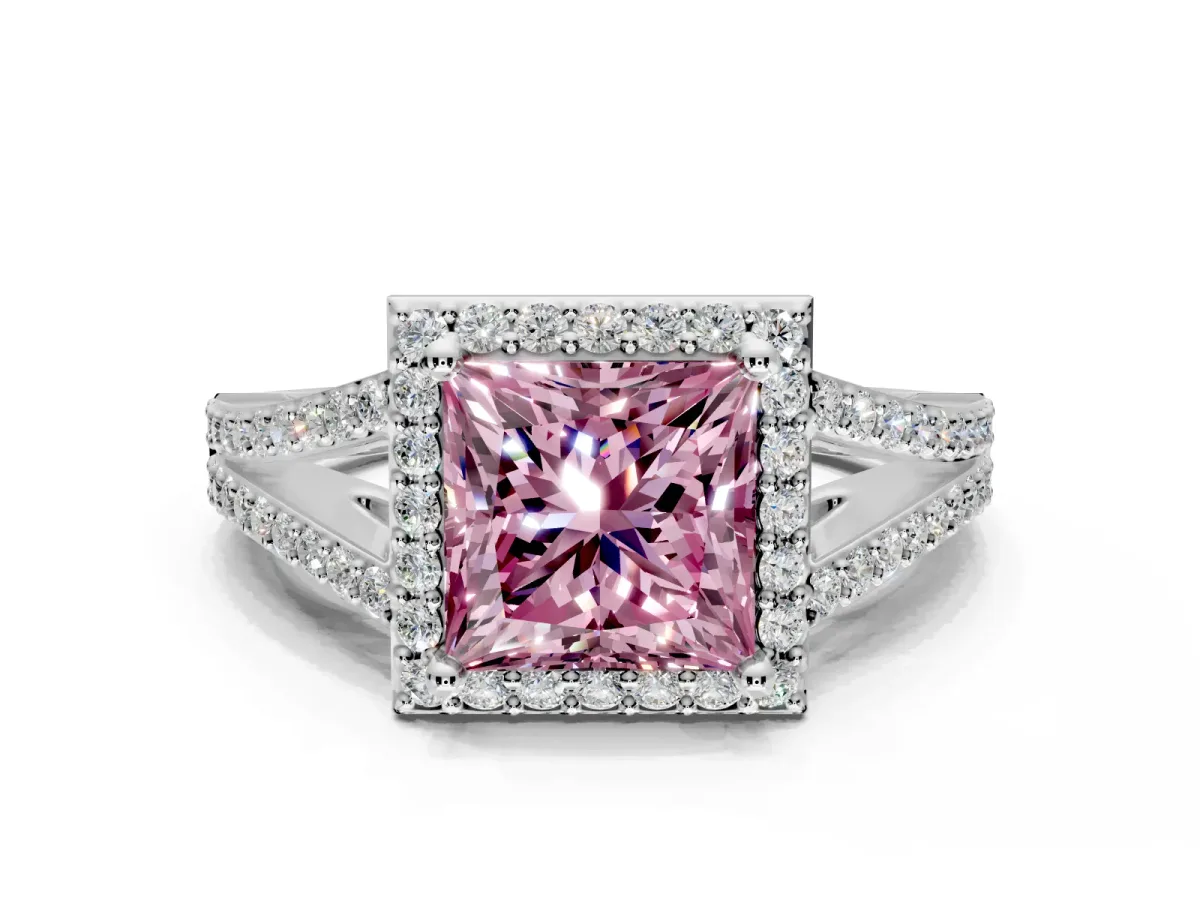 Halo Engagement Ring Setting for Fancy Pink Princess Cut Center with Pave Split Shank and Prong Head in Platinum
