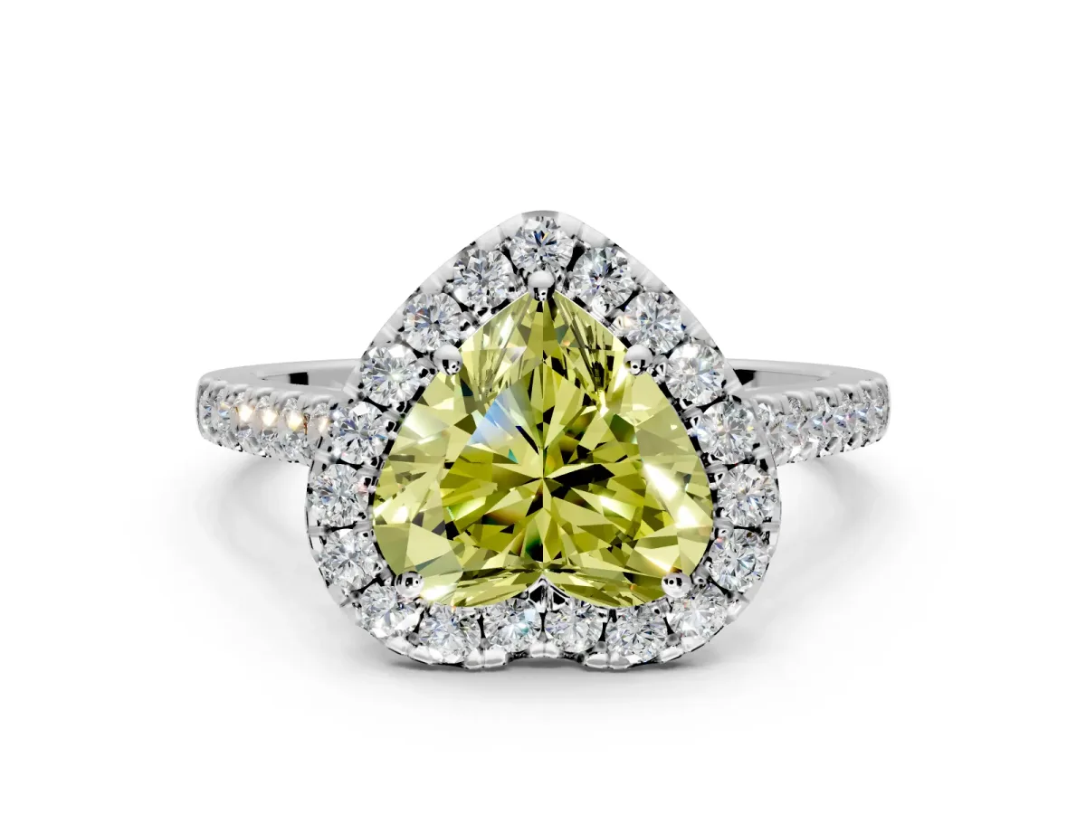 Halo Engagement Ring Setting for Fancy Yellow Heart-Shaped Center with Narrowing Pave Band and Prong Head in Sterling Silver