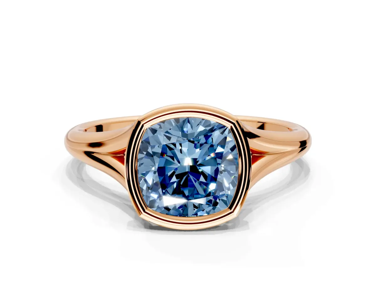 Solitaire Engagement Ring Setting for Fancy Blue Cushion Cut Center with V Split Shank and Bezel Head in Rose Gold