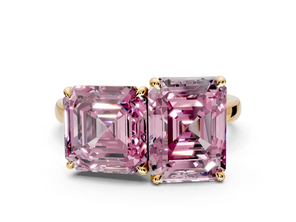Fancy Pink Asscher Cut and Emerald Cut Lab-Grown Diamond Toi et Moi Engagement Ring with Prong-Set Stones in Yellow Gold