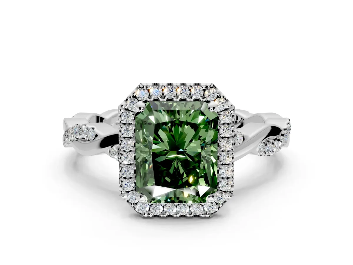 Halo Engagement Ring Setting for Fancy Green Radiant Cut Center with Pave and Plain Twist Band and Prong Head in White Gold