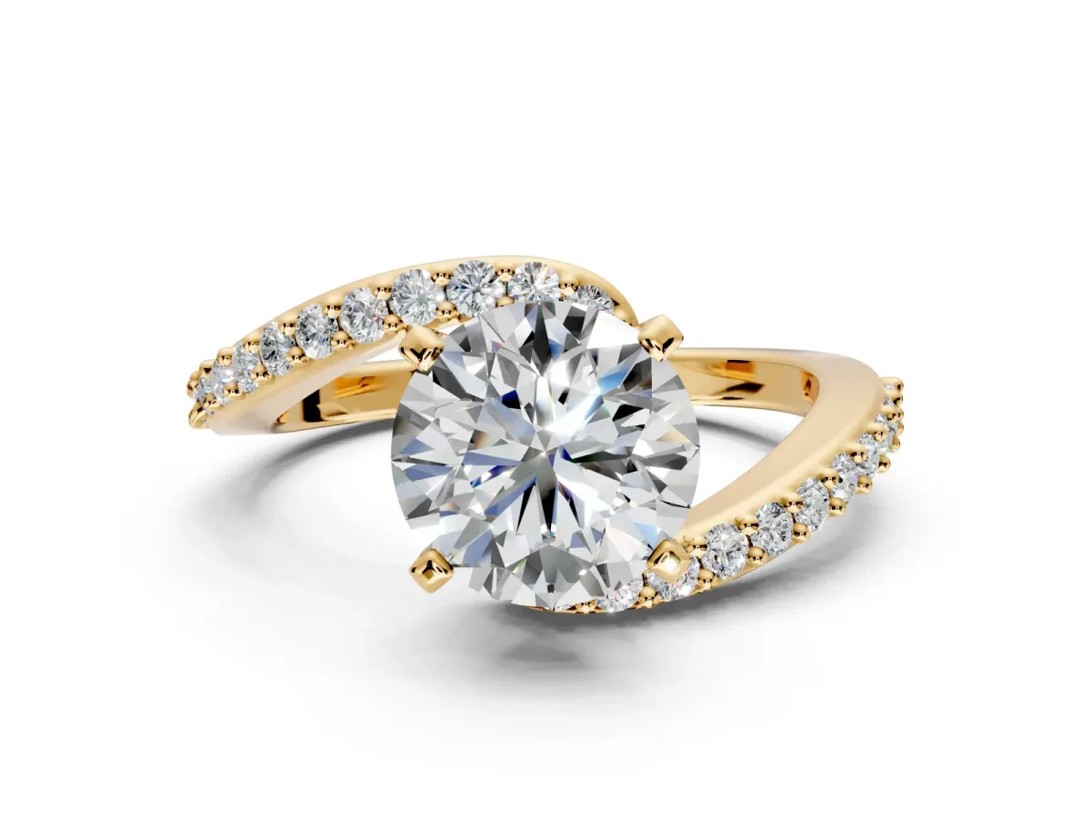 Solitaire Engagement Ring Setting for Round Cut Center with Pave Bypass Swirl Band and Prong Head in Yellow Gold