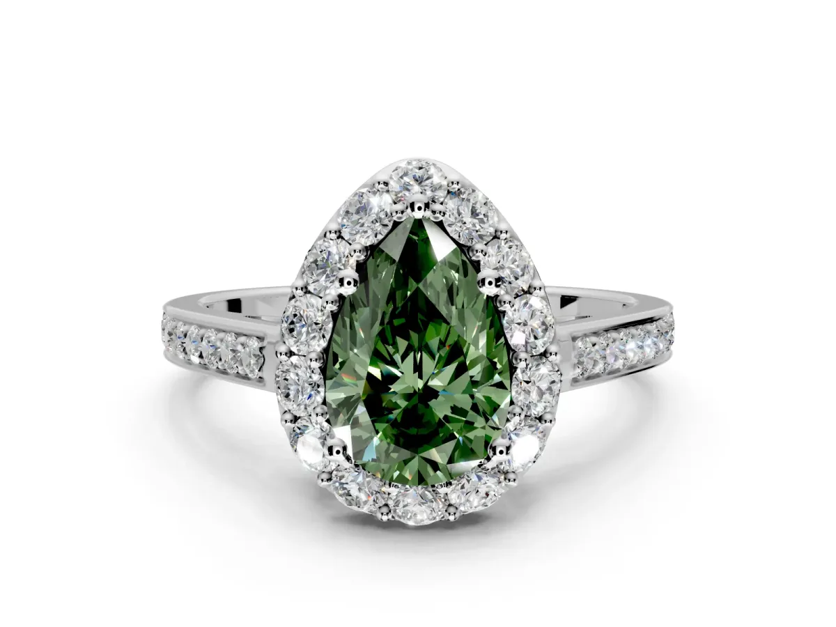 Floral Halo Engagement Ring Setting for Fancy Green Pear-Shaped Center with Large Halo Accents and Prong Head in Platinum