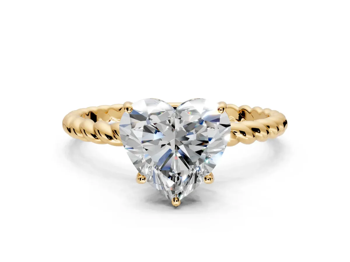 Solitaire Engagement Ring Setting for Heart-Shaped Center with Plain Twisted Rope Band and Prong Head in Yellow Gold