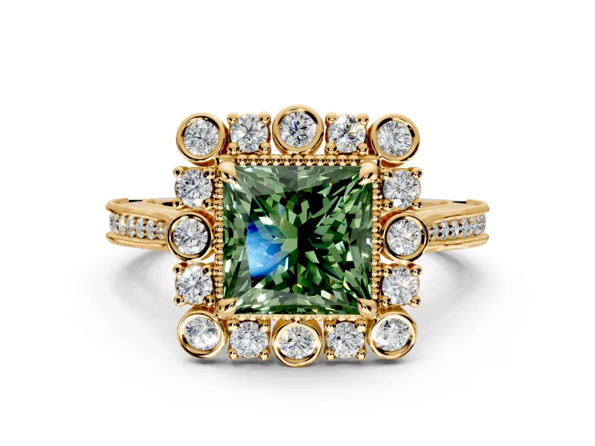 Milgrain Halo Engagement Ring Setting for Fancy Green Princess Cut Center with Bezel Point Accents and Prong Head in Yellow Gold