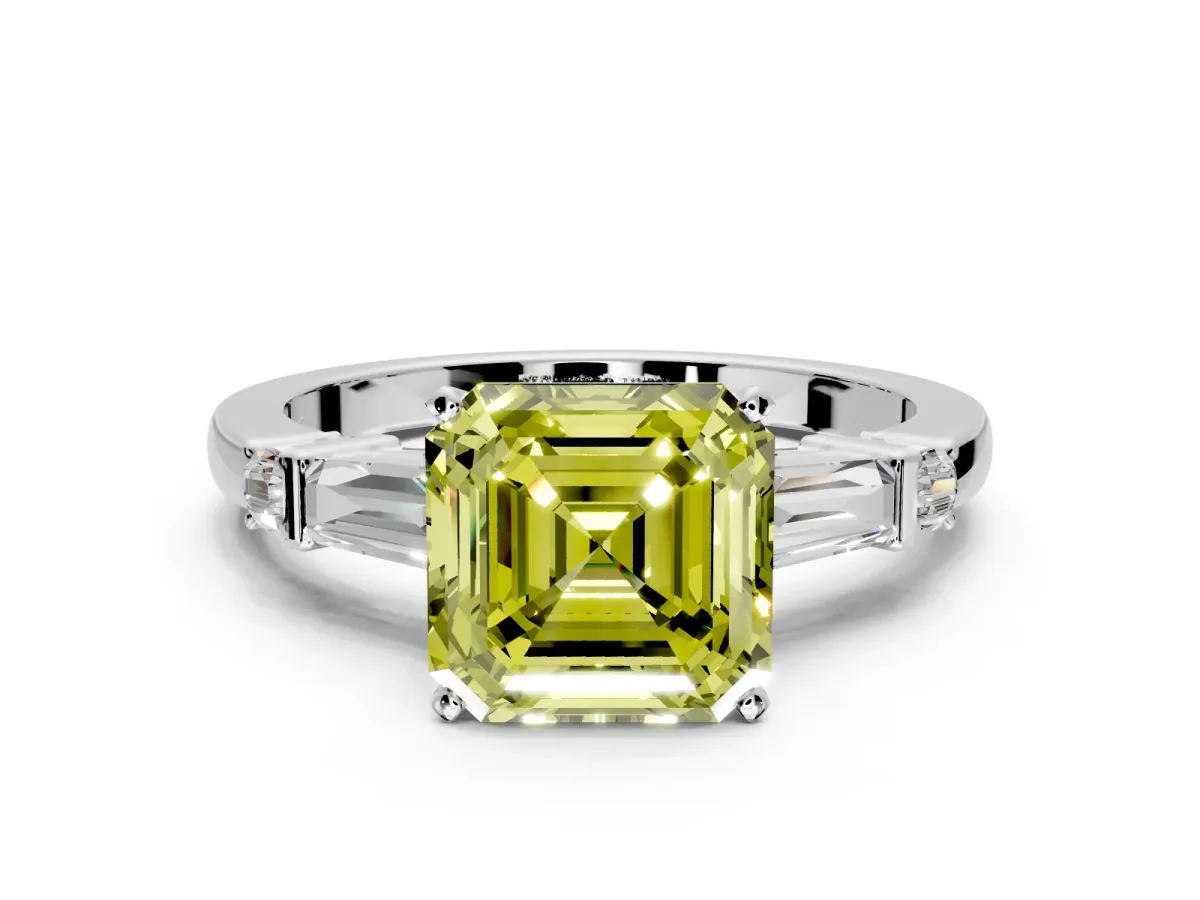 Bar-Set Engagement Ring Setting for Fancy Yellow Asscher Cut Center with Tapered Baguette Accents and Prong Head in Platinum
