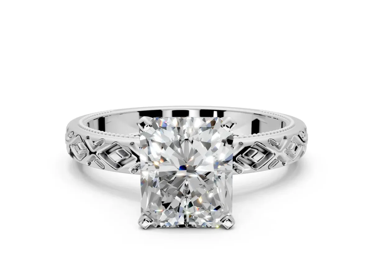 Solitaire Engagement Ring Setting for Radiant Cut Center with Milgrain X Pattern Band and Prong Head in White Gold