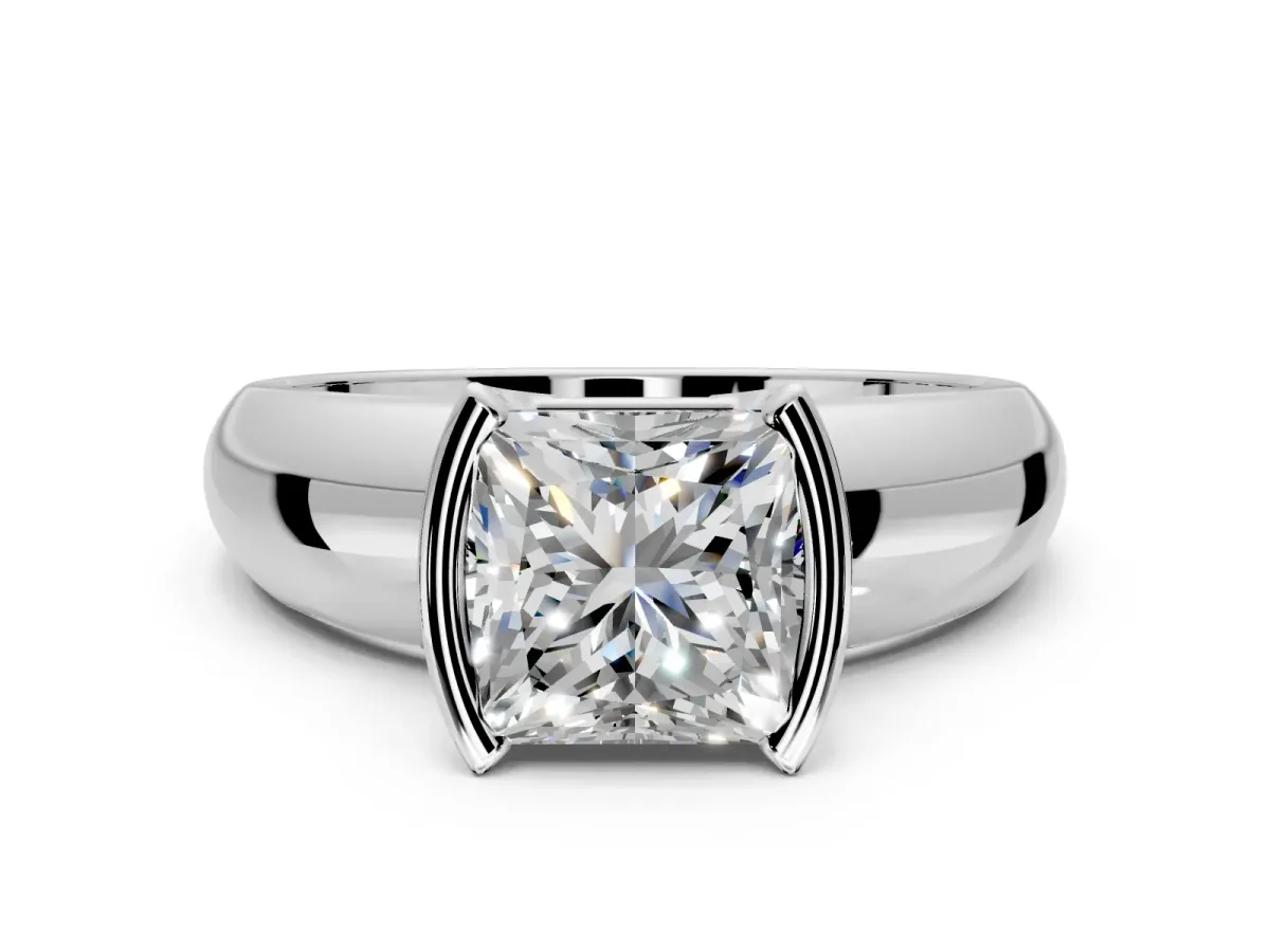 Tension Engagement Ring Setting for Princess Cut Center with Wide Flat Band and Tension Head in Sterling Silver