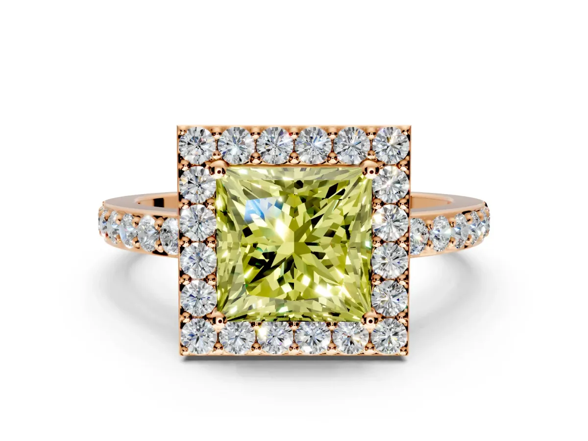 Halo Engagement Ring Setting for Fancy Yellow Princess Cut Center with Heart-Shaped Openwork, Pave Band and Prong Head in Rose Gold