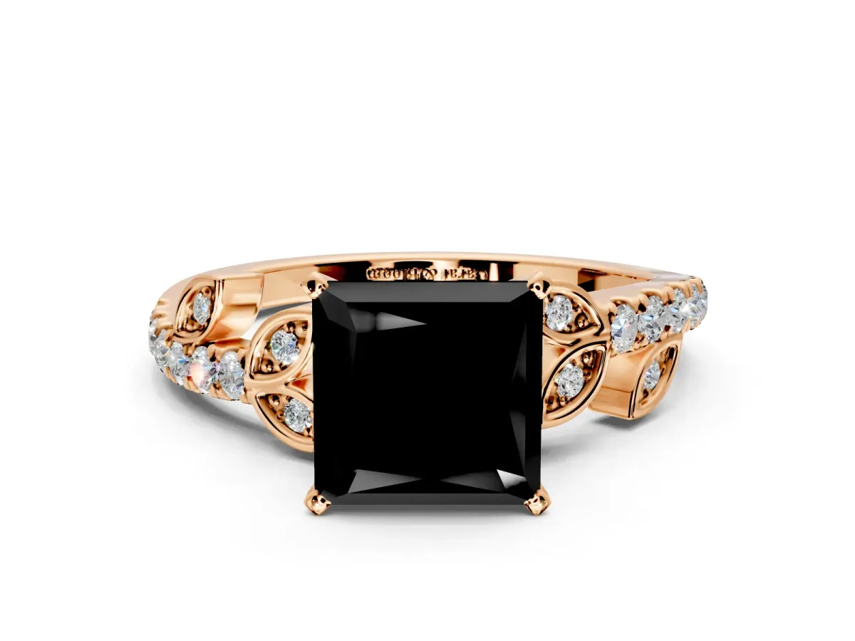 Leaf Motif Engagement Ring Setting for Fancy Black Princess Cut Center with Pave Band and Prong Head in Rose Gold