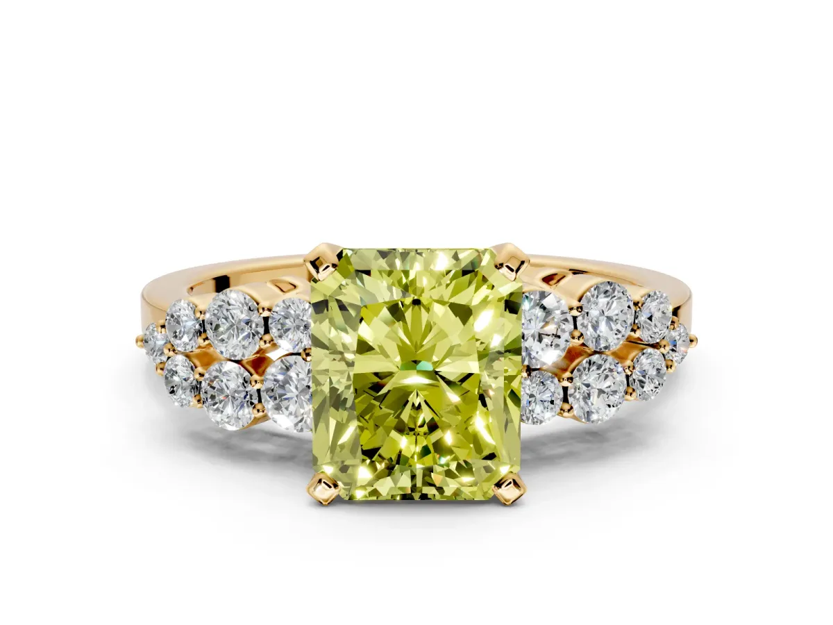 Cluster Engagement Ring Setting for Fancy Yellow Radiant Cut Center with 2-Row Shoulder Clusters and Prong Head in Yellow Gold