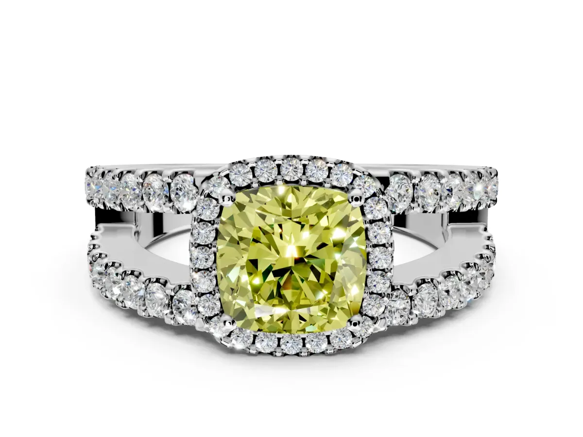 Halo Engagement Ring Setting for Fancy Yellow Cushion Cut Center with Wide-Open Pave Split Shank and Prong Head in Platinum