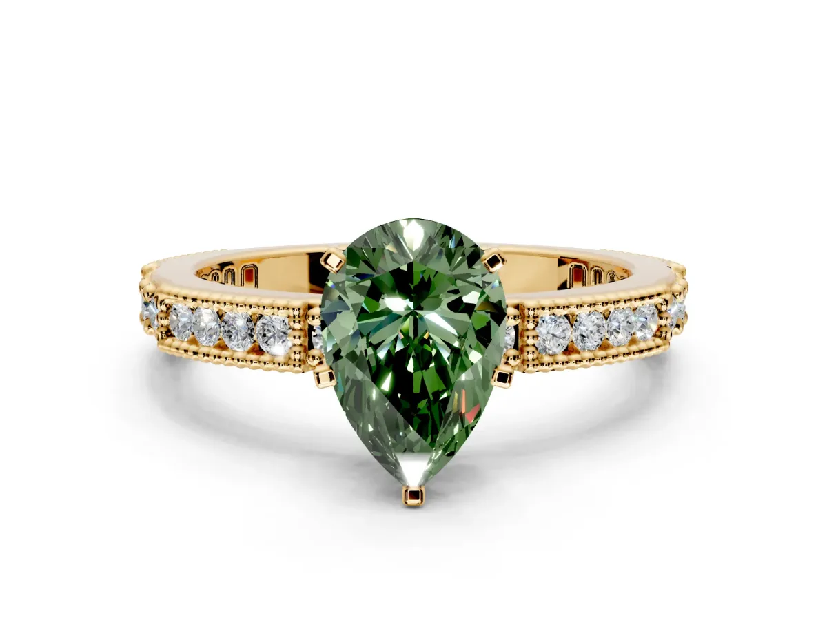 Solitaire Engagement Ring Setting for Fancy Green Pear-Shaped Center with Milgrain-Edged Pave Band and Prong Head in Yellow Gold