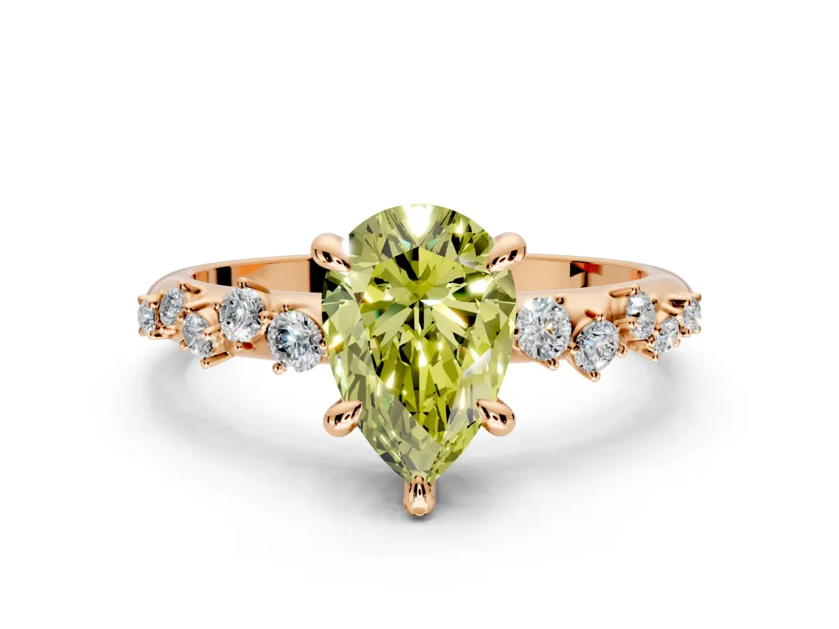 Solitaire Engagement Ring Setting for Fancy Yellow Pear-Shaped Center with Trailing Leaf Accent Band and Prong Head in Rose Gold