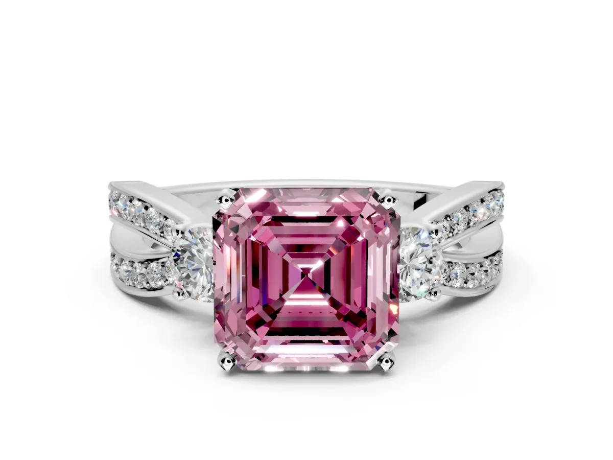 3 Stone Engagement Ring Setting for Fancy Pink Asscher Cut Center with Pave Twist Band and Prong Head in Sterling Silver