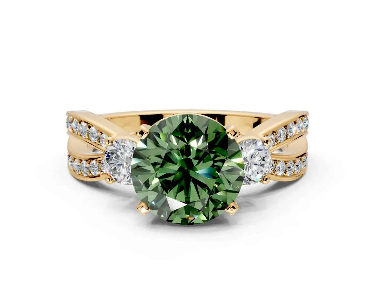 3 Stone Engagement Ring Setting for Fancy Green Round Cut Center with Pave Twist Band and Prong Head in Yellow Gold