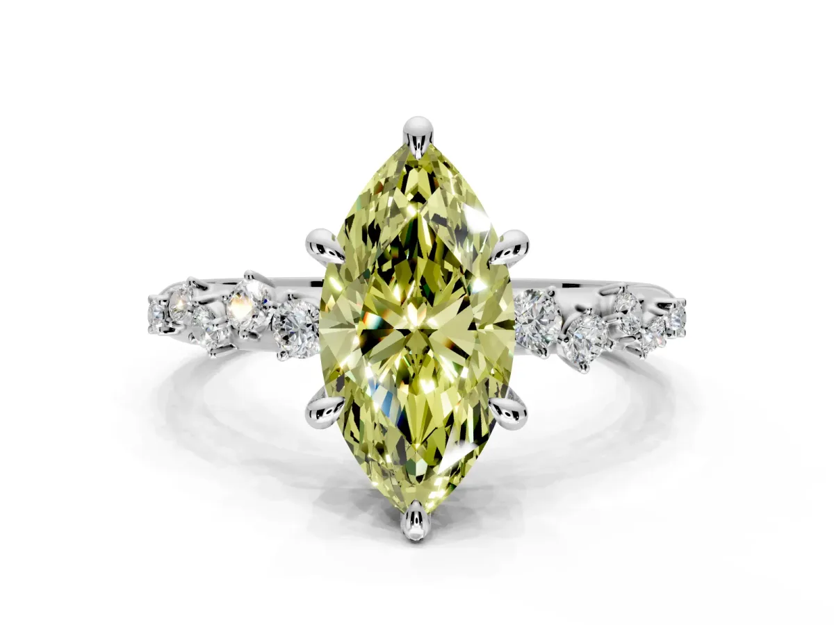 Solitaire Engagement Ring Setting for Fancy Yellow Marquise Center with Trailing Leaf Accent Band and Prong Head in Platinum