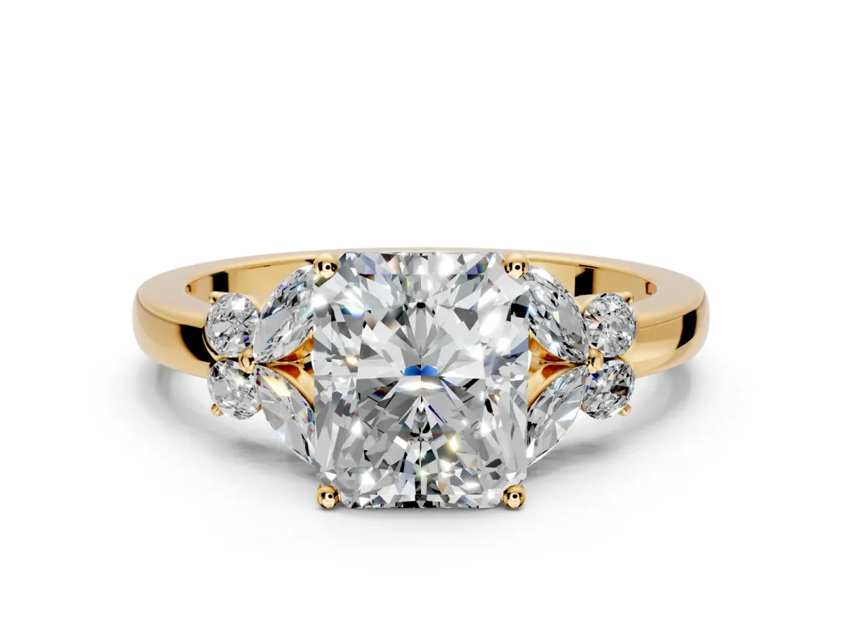 Solitaire Engagement Ring Setting for Radiant Cut Center with Marquise Flower Shoulders and Prong Head in Yellow Gold