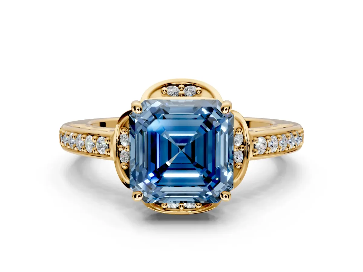Floral Engagement Ring Setting for Fancy Blue Asscher Cut Center with Four Accent Clusters and Prong Head in Yellow Gold