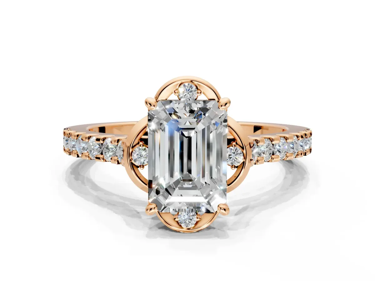 Floral Engagement Ring Setting for Emerald Cut Center with Pave Band and Floral Prong Head in Rose Gold