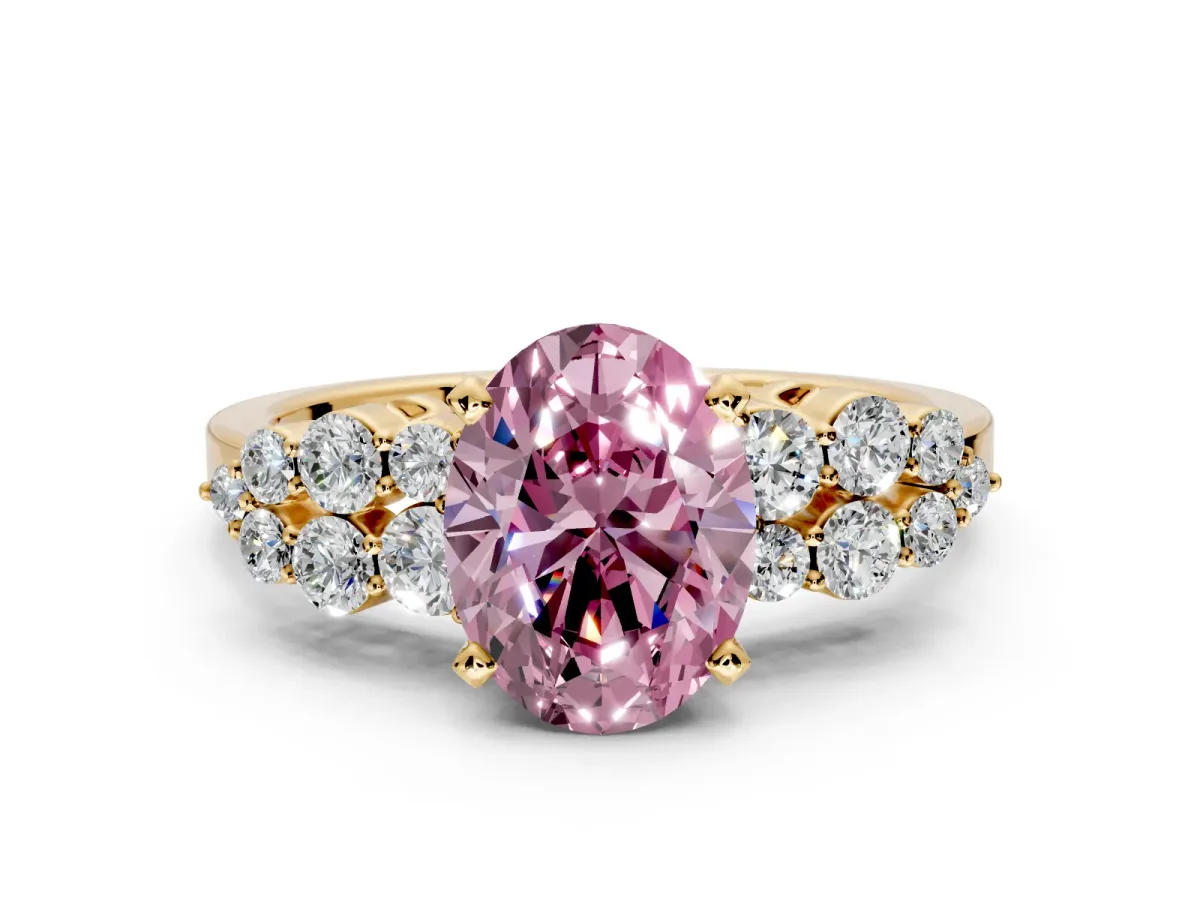 Cluster Engagement Ring Setting for Fancy Pink Oval Center with 2-Row Shoulder Clusters and Prong Head in Yellow Gold