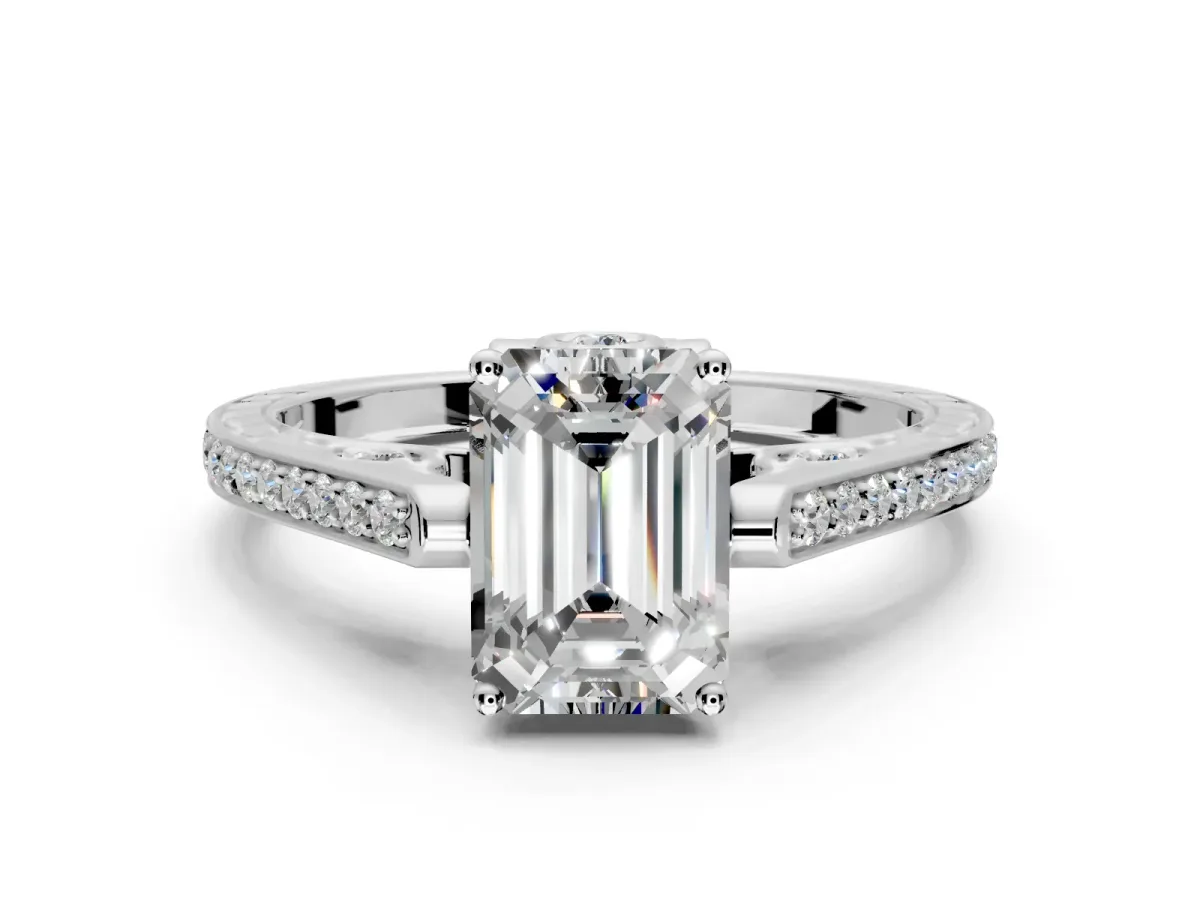 Cathedral Engagement Ring Setting for Emerald Cut Center with Antique-Style Pave Band and Prong Head in Platinum