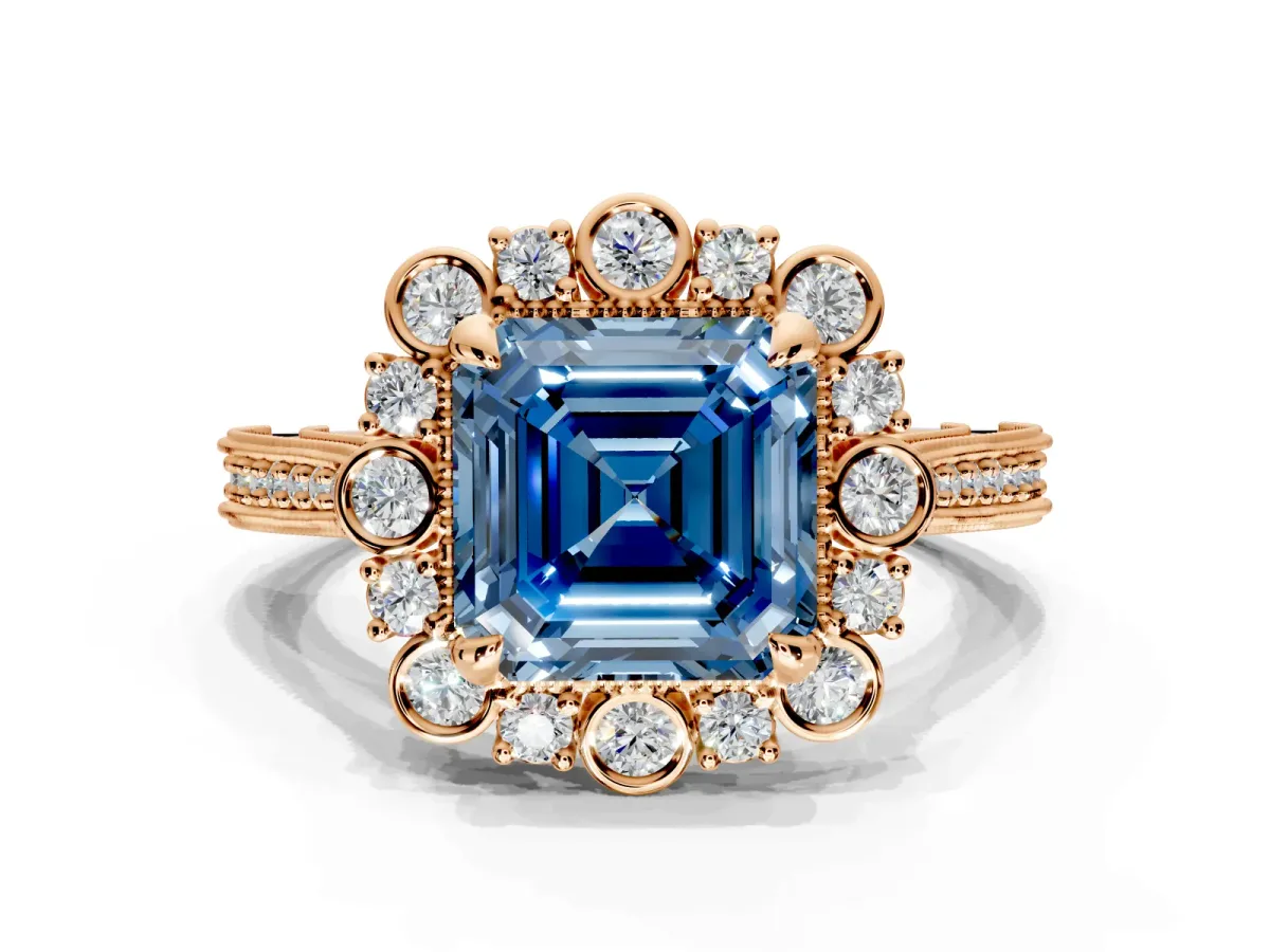 Milgrain Halo Engagement Ring Setting for Fancy Blue Asscher Cut Center with Bezel Point Accents and Prong Head in Rose Gold